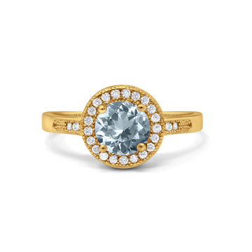 14K Yellow Gold 0.94ct Round Art Deco 6mm G SI Natural Aquamarine Diamond Engagement Wedding Ring Size 6.5